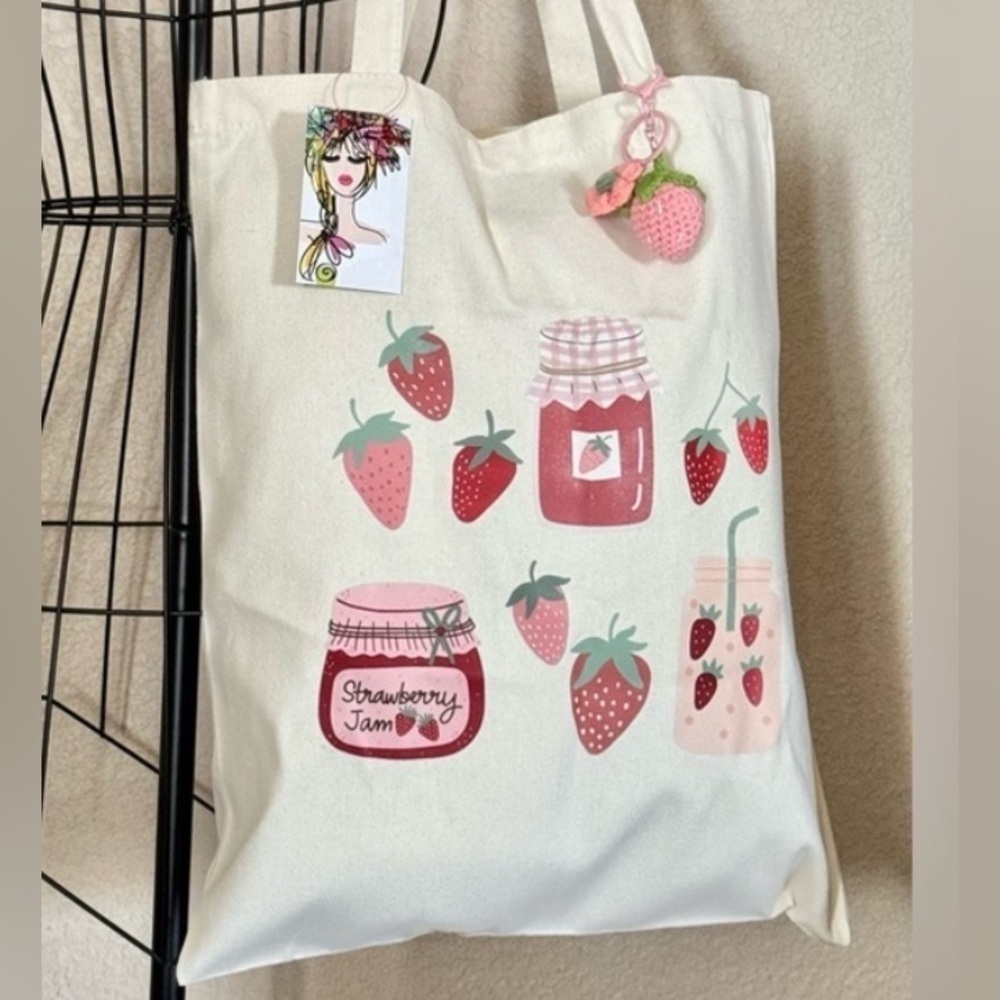 New Red & Pink Strawberries Canvas Shopping Bag Purse Tote w/ Crochet Accent